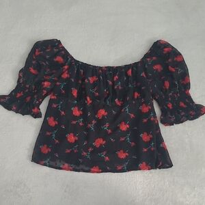 Mi Ami Francescas Black Floral Off Shoulder Smocked Blouse Large Romantic Chic